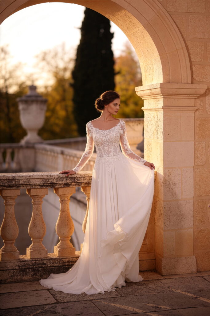 monica loretti-brautatelier ried-8412-a-linie-chiffon-langarm-spitze-rundhalsausschnitt-offener ruecken-ivory-nude-vorne-1