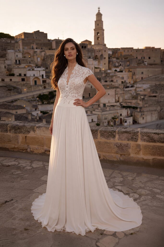 monica loretti-brautatelier ried-8425-a-linie-chiffon-spitze-kurzarm-taillenband-v-ausschnitt-runder ruecken-ivory-nude-vorne-1